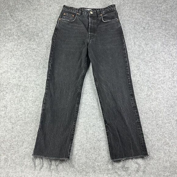Zara Wide Leg Jeans Womens 6 Faded Black Button Fly Whiskered Straight Raw Hem - Picture 1 of 15